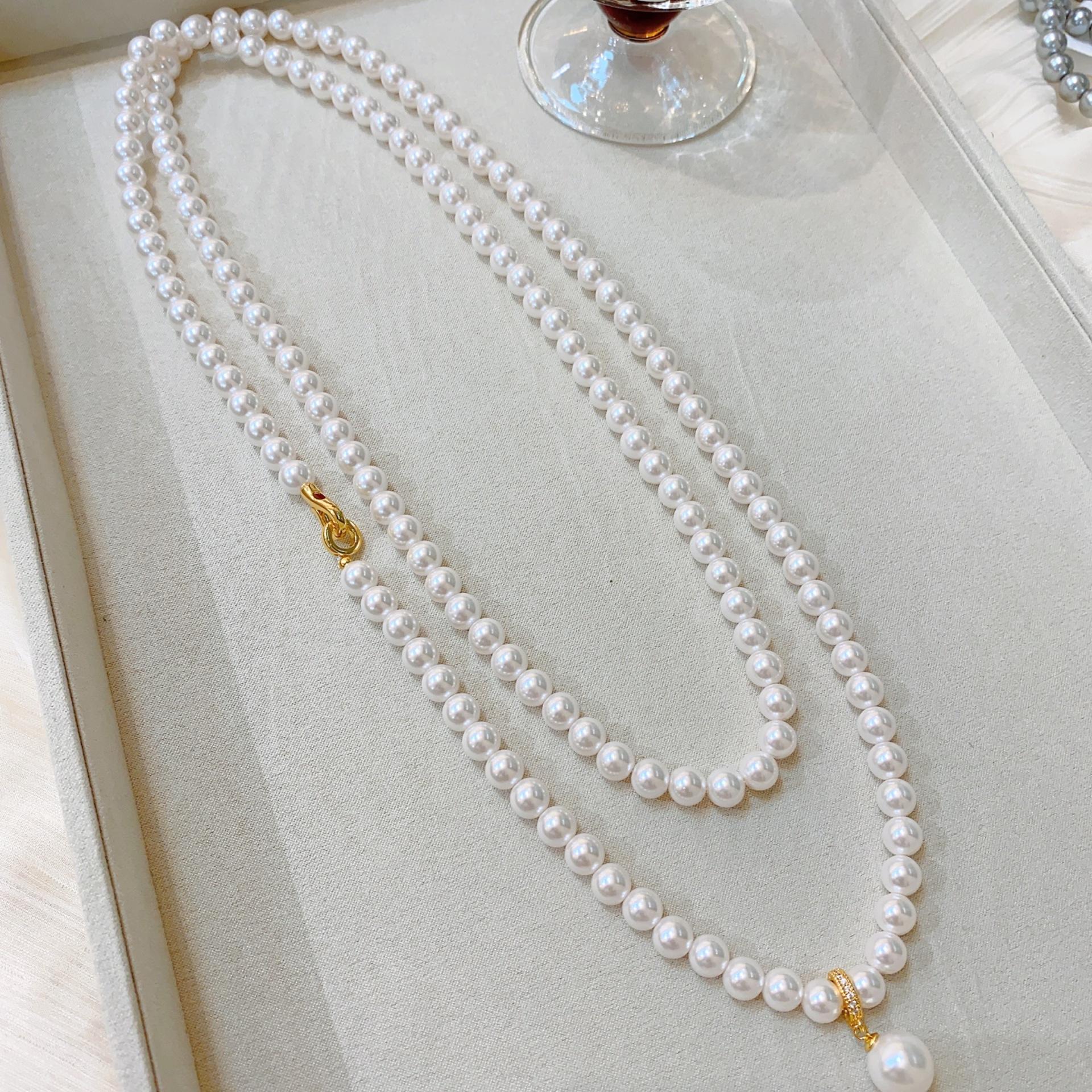 Жемчужная Двойная Длинная Цепочка на Шею Нишевый Дизайн Серебряная Цепочка Бусины Премиум Изящная Цепочка Цепочка для Свитера