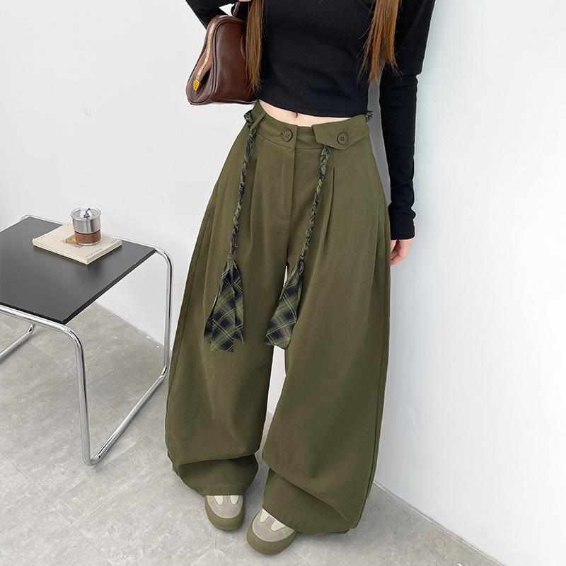 

Хлопковые брюки с высокой талией и широкими штанинами для женщин - Новый стиль, Свободный крой, Прямые штанины, Американская рабочая одежда. Extra Large армия зеленый