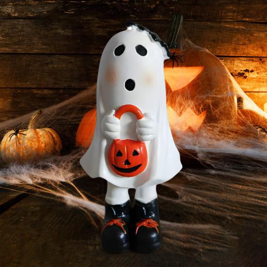 Figurka ducha Pryskyřice Kreslená Stojící Soška ducha Ručně malovaná Duch Stolní středový prvek pro Halloweenské dekorace Krbová římsa