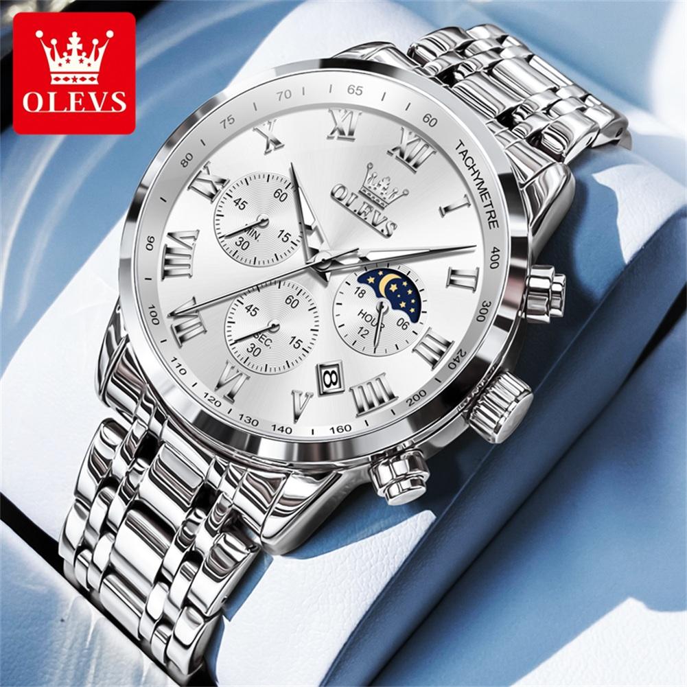 OLEVS Men's Watches Fashion Business Stainless Steel Original Brand Quartz Wristwatch for Man Waterproof Luminous Chronograph