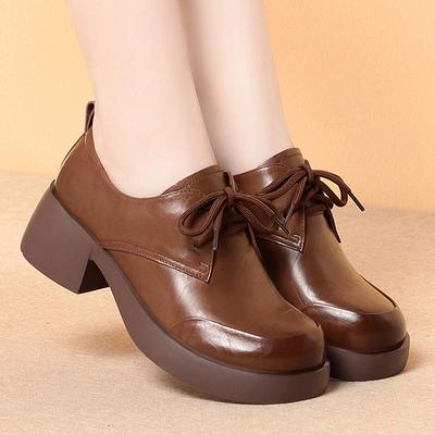 New Women's Genuine Leather Chunky Heel Lace-up Loafers - British Style, Round Toe, Soft Sole, Non-slip, Versatile for Spring/Autumn