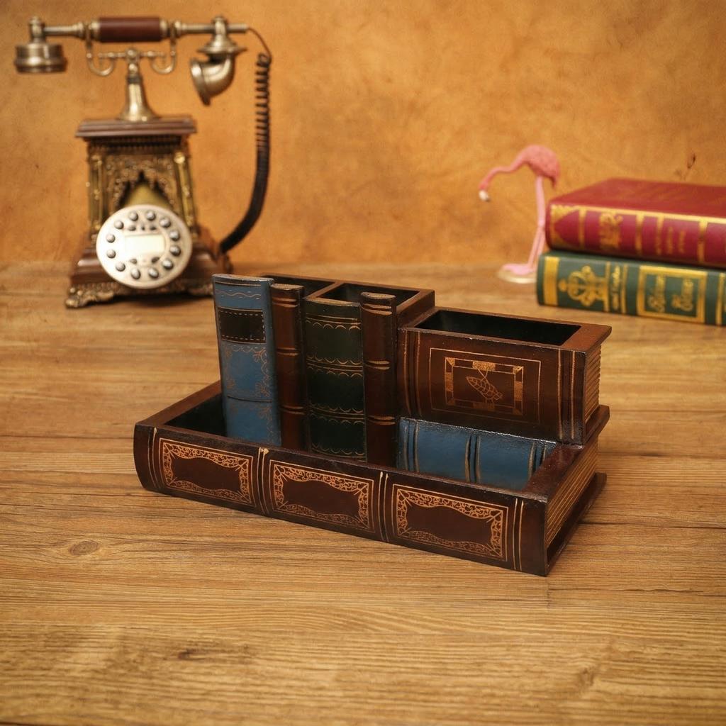 Vintage Pen Holder Organizer, Luxury Desktop Storage Box for Home Study Desk Decor Gift