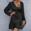 Women Mini Dress V-Neck Lantern Long Sleeve Side Lace-up Dress