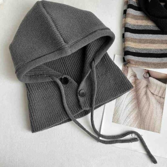 Knitting Hat Solid Color Buttons Closure Drawstring Hooded Scarf Women Winter Warm Windproof Elastic Thermal Hat