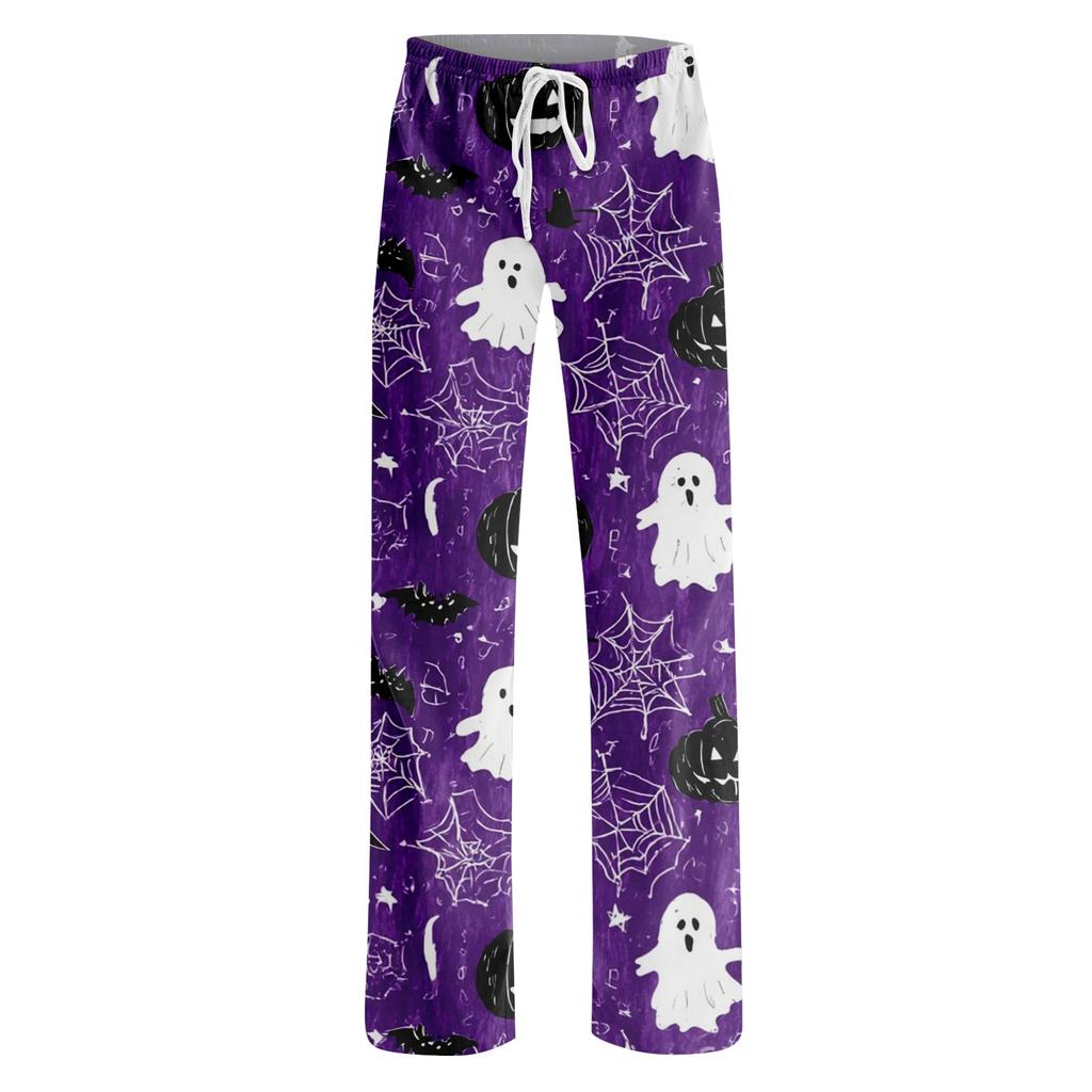 Kadın Cadılar Bayramı Baskılı İpli Pijama Altı - Eğlenceli Baskılı Desenli Yumuşak Günlük Uyku Pantolonu, Kadınlar İçin Rahat Alt Giyim, Bol Kesim