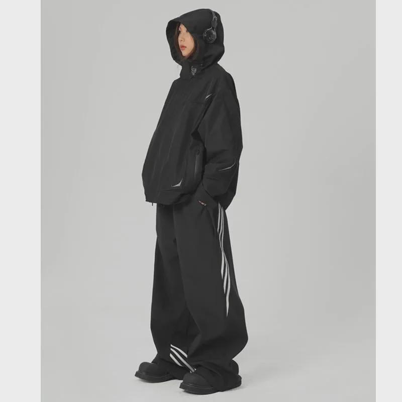 Unisex Black Striped Wide-Leg Retro Sports Pants - Spring/Summer Casual Loose Fit