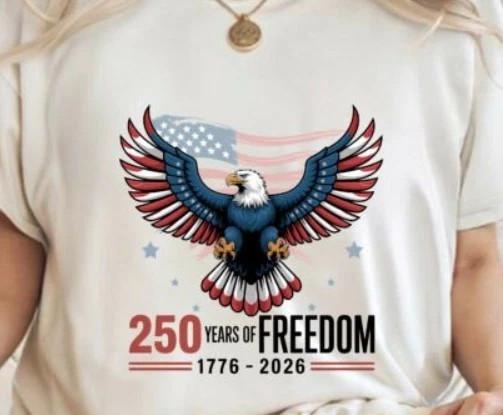 250 Years of Freedom 1776-2026 Patriotic Eagle T-Shirt USA Flag 4th of July Tee S