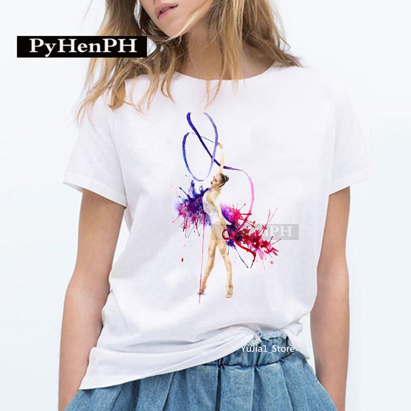 Elegant Ballet Print Short Sleeve T-shirt Women's Slim Fit Summer Top Modal Fabric Student Girl Fashion Polyester
