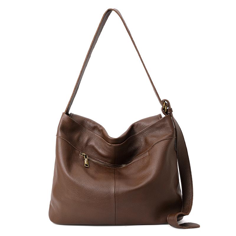 Genuine cowhide leather women's handbag, large capacity soft leather tote, casual single-shoulder slouchy style big bag