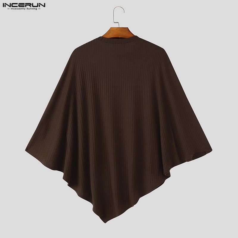 INCERUN Men Ribbed Knit Poncho Tops Side Button Batwing Sleeve Loose Casual Pullovers