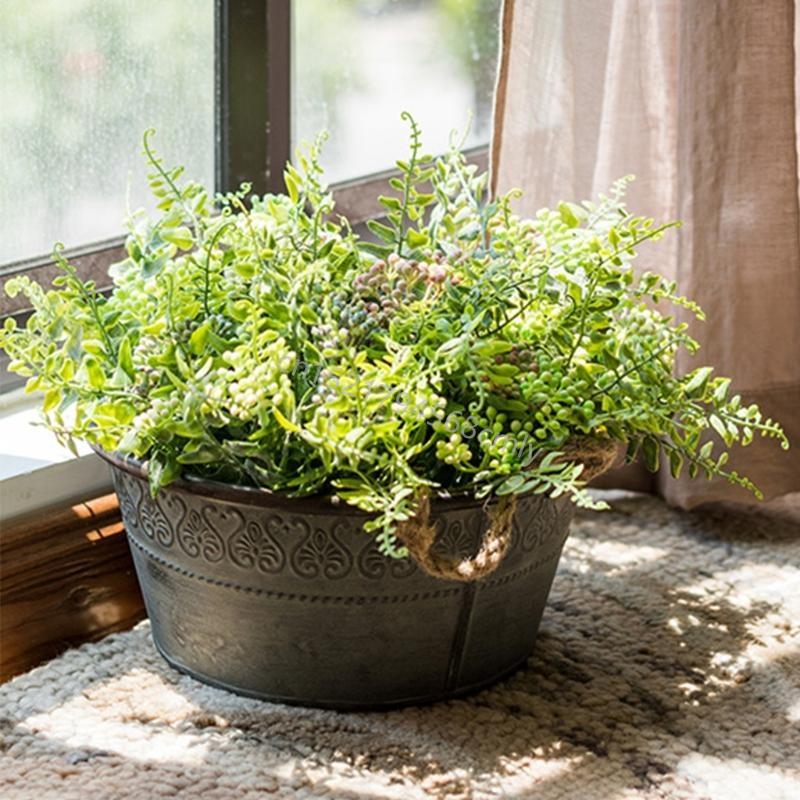 Vintage Metal Round Bucket Planter with Double Handles Rustic Iron Flower Pot Metal Tray for Storage and Farmhouse Decor 6XDE