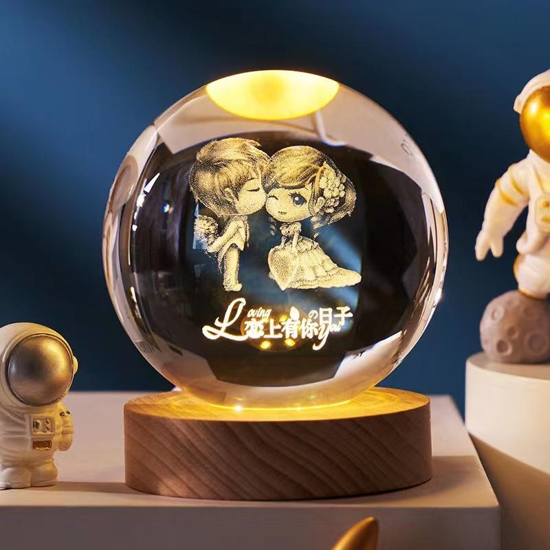 Crystal Ball With Wood Stand Laser Engraved 6CM Glass LED Crystal Ball Souvenir Gifts Home Decor Star Moon Night Light