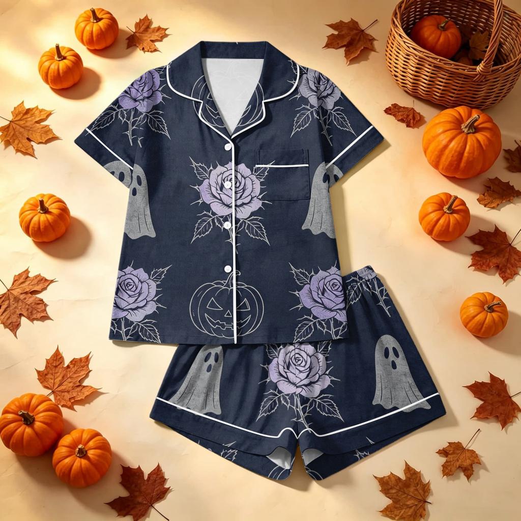Women's Halloween Printed Pajama Two-Piece Set - Comfortable Sleepwear for Home & Sleep