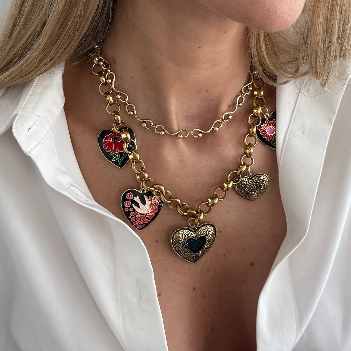 

Ingemark Exaggerated Vintage Enamel Pattern Flower Big Love Heart Pendant Necklaces Women Creative Luxury Neck Chain New Jewelry