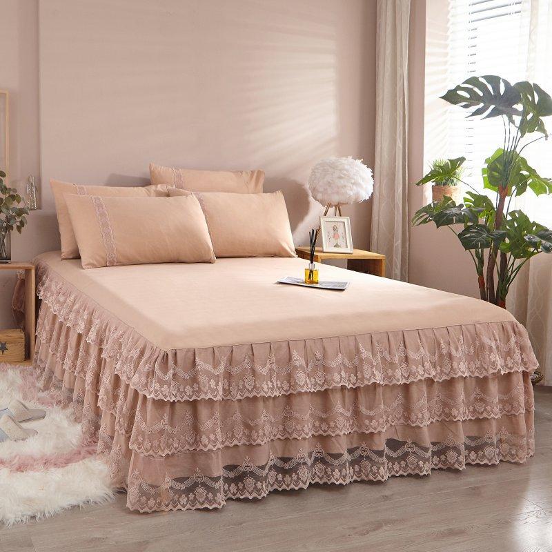 3pcs Double-Layer Lace Edge Sanded Solid Color Light Luxury Gray Bed Skirt Three-Piece Set 1Ps Bed Skirt + 2pcs Pillowcase