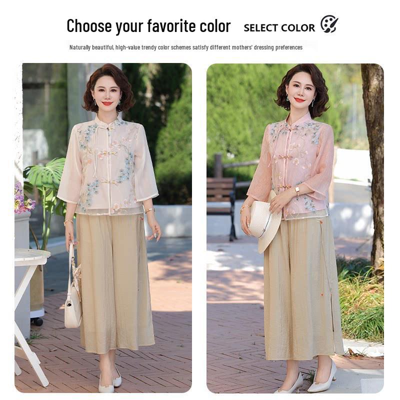 Mom's New Chinese Style Chiffon Shirt - Seven-Sleeve Top for Spring & Autumn