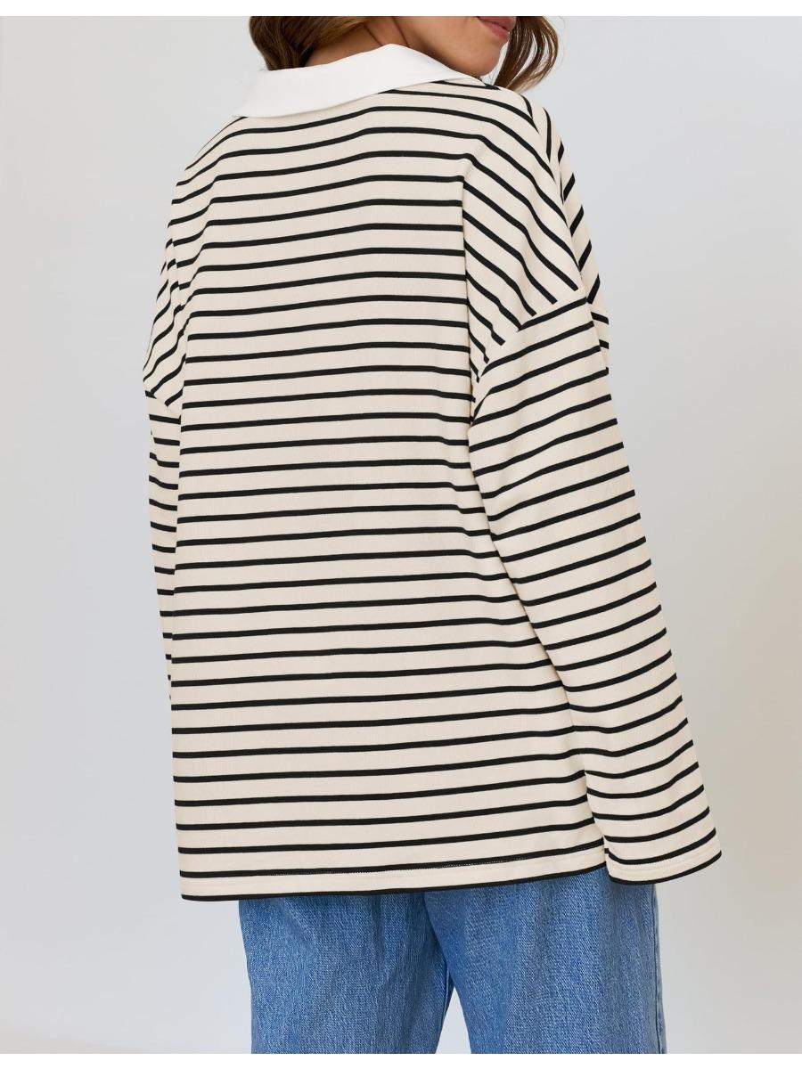 Женская осенняя полосатая футболка свободного покроя с длинными рукавами и V-образным — фото 6