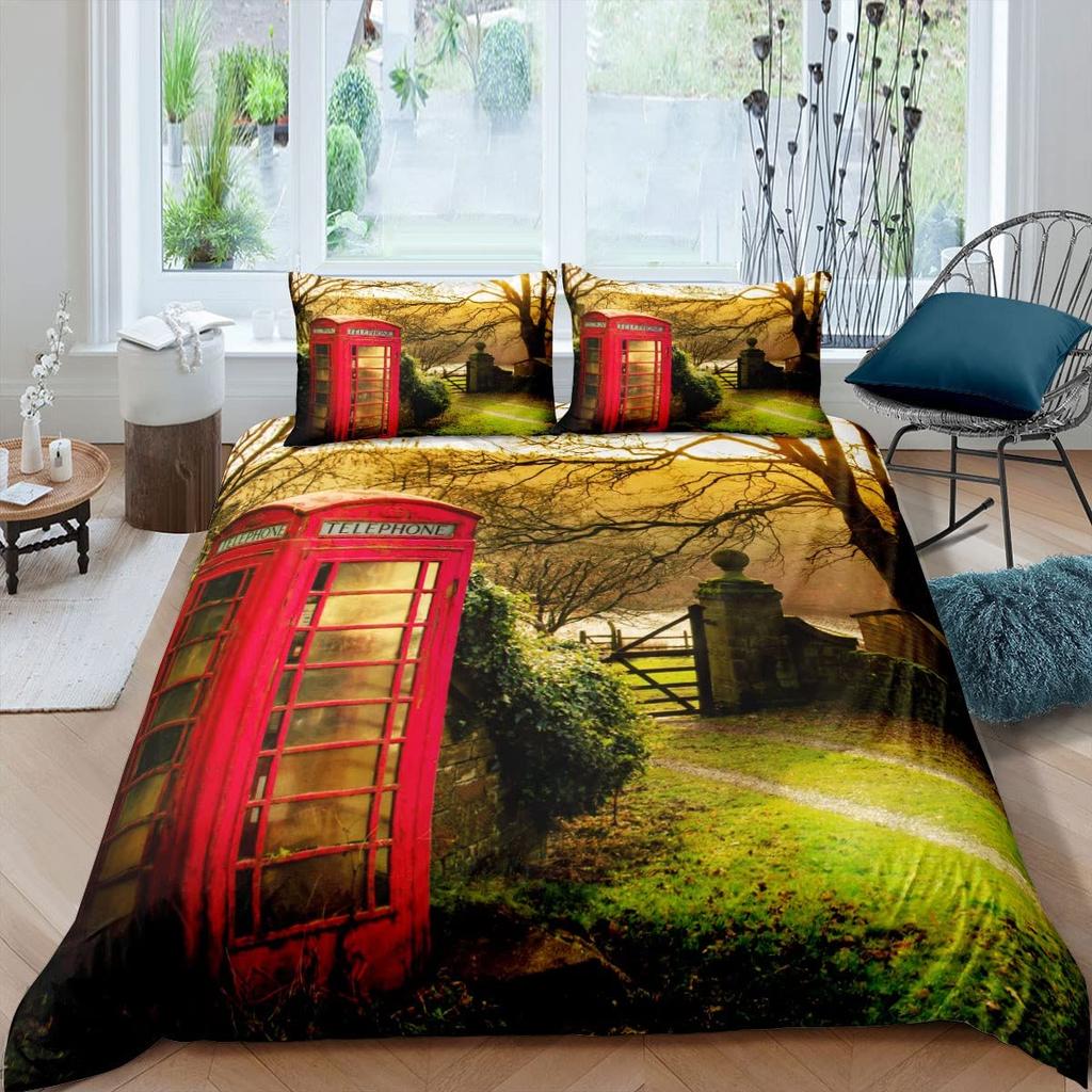 London Duvet Cover Set Queen Size Telephone Booth Big Ben Bus Print Bedding Set 3pcs,Modern City Quilt Cover with 2 Pillowcases