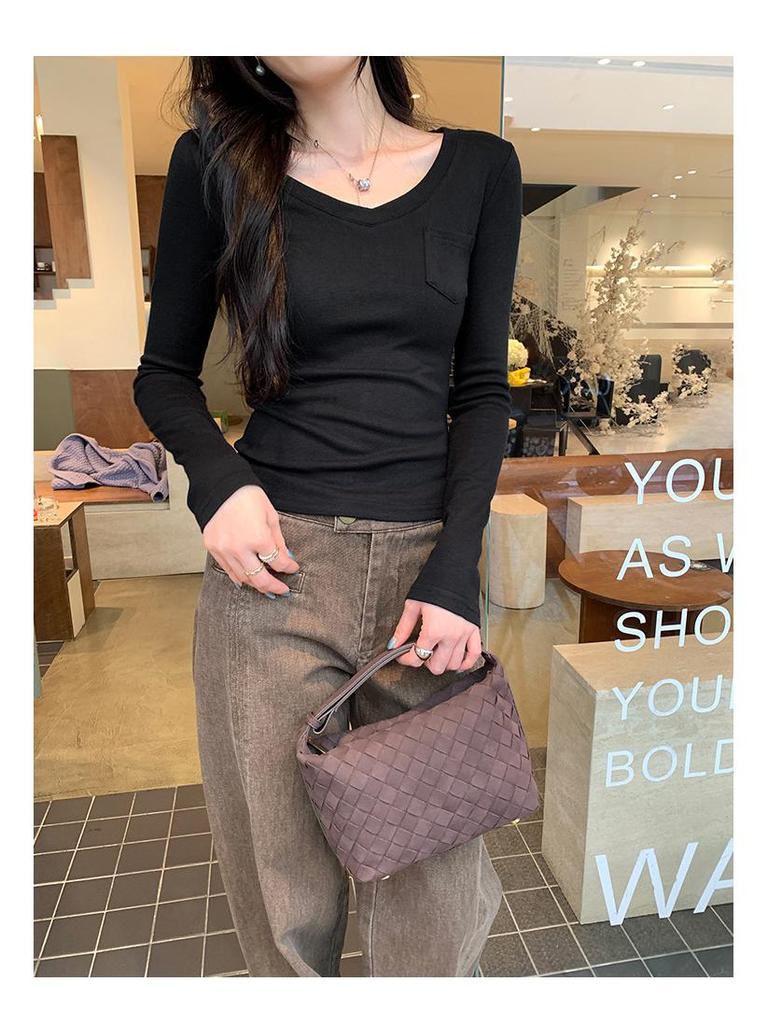 Korean Style Pink V-Neck Slimming Cropped Long Sleeve Women's Top - Autumn/Winter Collection