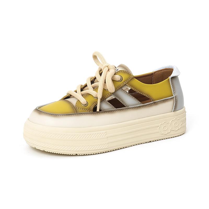 Leather sandals women's 2025 summer new retro color matching beach sandals platform-soled bag head hollow women's sandals tide