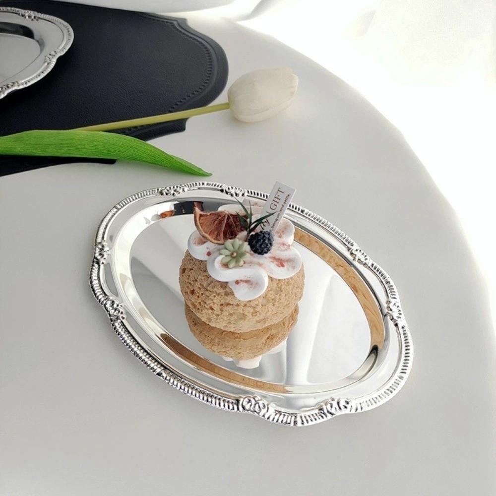 Neues geprägtes Silbertablett Silbernes ovales Aufbewahrungstablett Schmuckaufbewahrungsorganizer Desserts