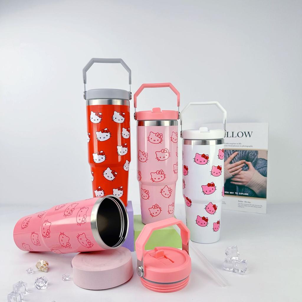 30Oz Car Cup 304 Stainless Steel Vacuum Insulation Cold Preservation Handle Cup Cartoon Kt Cat Car Cup Ice Bar