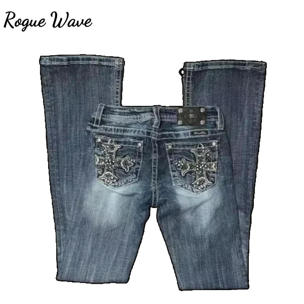 RogueWave Y2k Amerikanische Tasche Bestickte Pailletten Jeans Harajuku Retro Blaue Lockere Jeans Neue Modische High Waist Schmal Geschnittene Schlaghosen