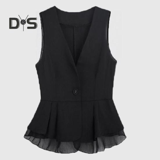 Dámská dámská vesta kabát na jeden knoflíček zapínání bez rukávů nařasený volán síťovaná patchwork kabátek slim fit jednobarevný ležérní denní nošení vesta