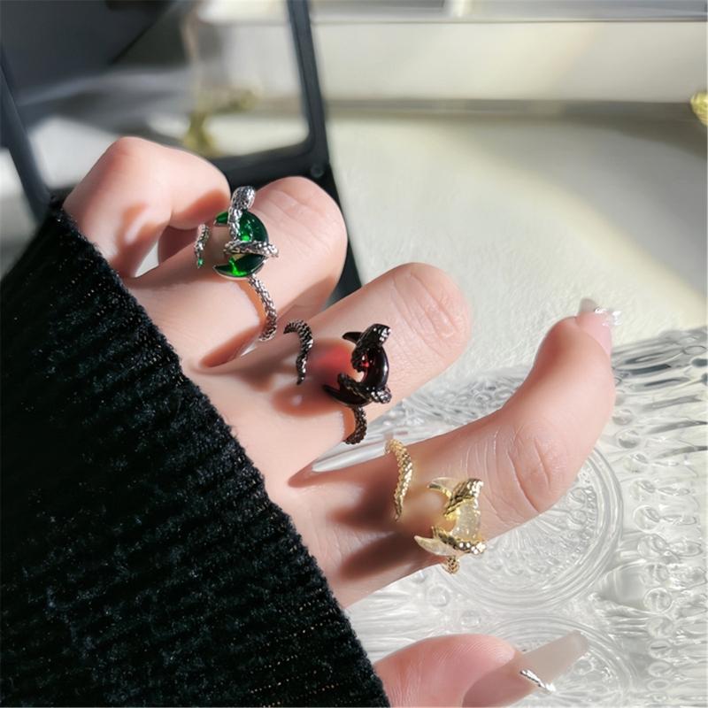 Fashionable Snake Inspire Open Rings with Moon Accent Portable Accessory for Versatile Casual Wear Stylish Outfits