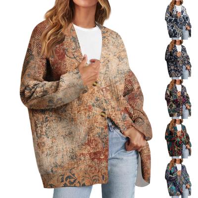 Women's Fashion Long Sleeve Print V-Neck Button Loose Cardigan Top
