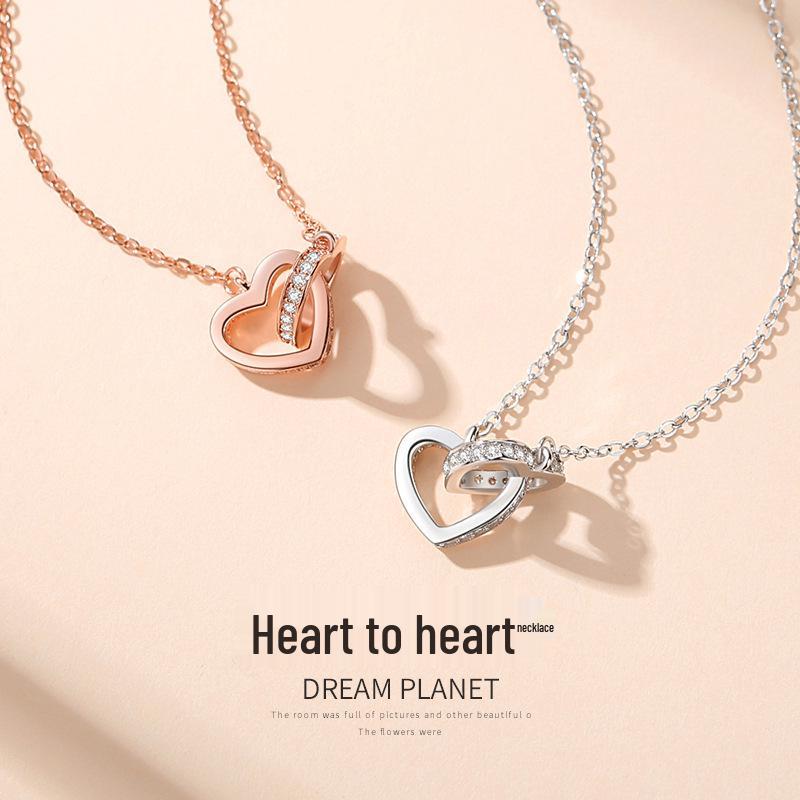 Trendy Interlocking Heart Pendant Necklace for Women - Fresh Style Rose Gold X246