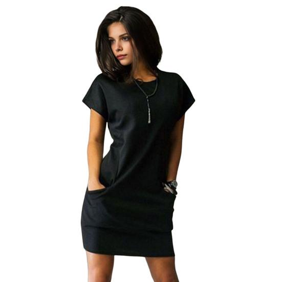 

Женское платье с круглым вырезом, короткими рукавами, однотонное, с боковыми карманами, облегающее, длиной выше колена, для свиданий M чёрный