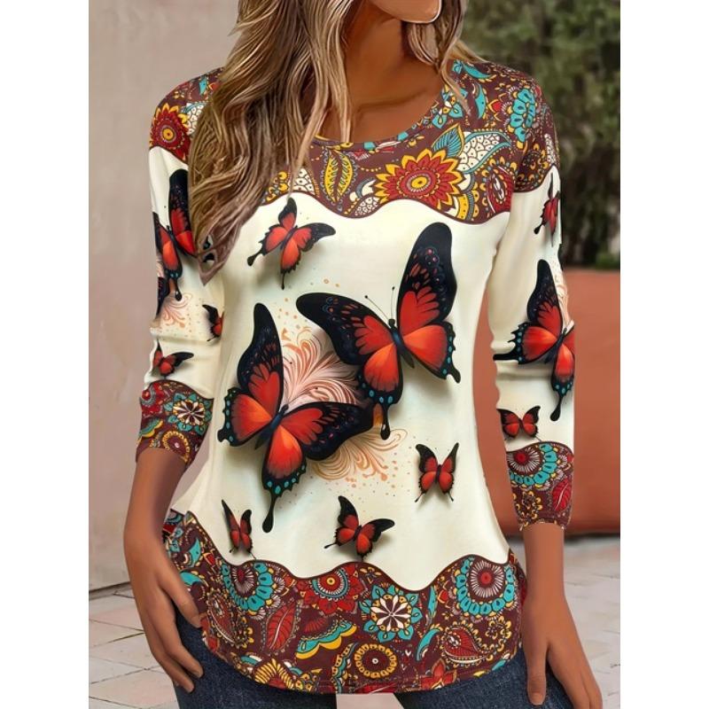

Женские футболки с длинным рукавом и цветным узором в виде бабочек, топы, осень 2024, новый модный женский топ, пуловер Harajuku Fun, одежда XL