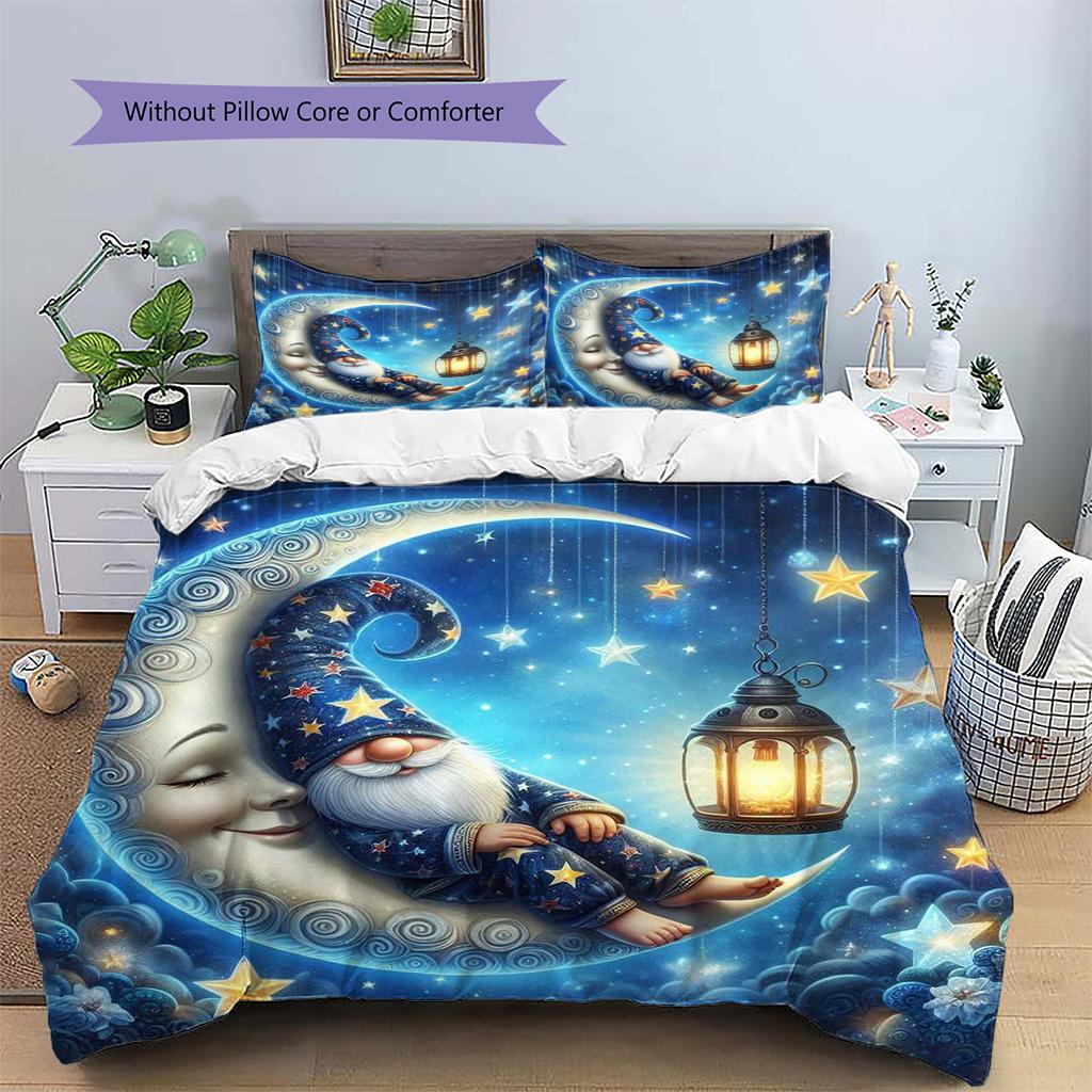 Good Night Gnomes Pattern Bedding Quilt Set Quilt Cover Pillowcase Home Decoration Gift (1 * duvet cover + 2 * pillowcase, without core)