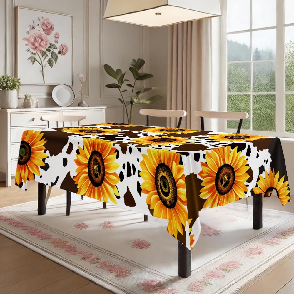 Sunflower Cow Print Rectangle Table Cloth for Table Decor Kitchen Dining Waterproof Reusable Tablecloth for Tables Outdoor Patio