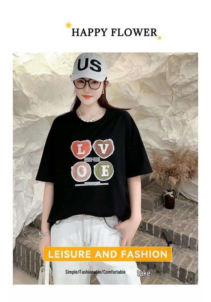 Summer 2025 Plus Size Love Letter Women's Loose T-shirt - Korean Style, Slimming, Short Sleeve