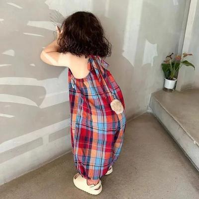 Summer Colorful Plaid Kids Jumpsuits Sleeveless Casual Wear Back Lace Up One-Pieces Cute Rabbit Tail Girls' Overalls
