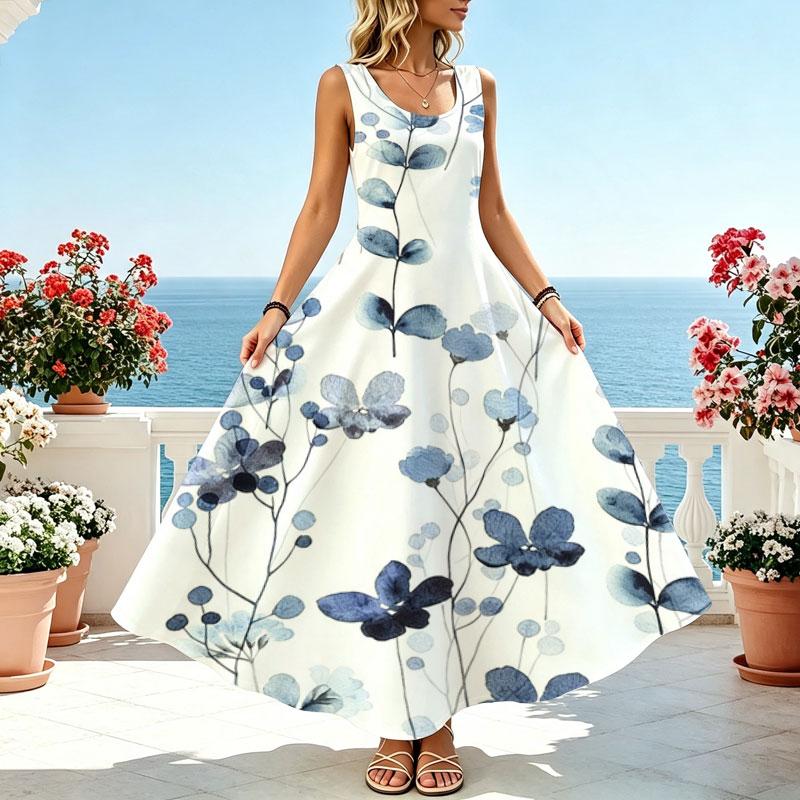 Sleeveless Blue White Flowy Maxi Dress,Lightweight Casual Vest Dress for Picnic,Beach Vacation & Daily Wear,Elegant.