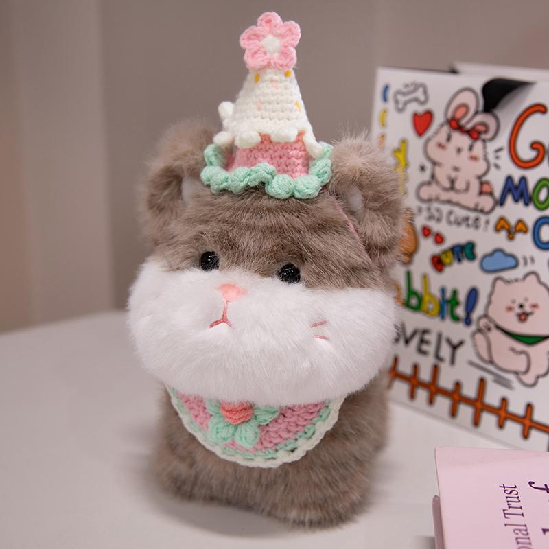 Cute Big Face Cat With Birthday Hat Fruit Cake Snack Bib Decor Kawaii Grey Orange Cats Kittens Plushie For Kids Birthday Gift