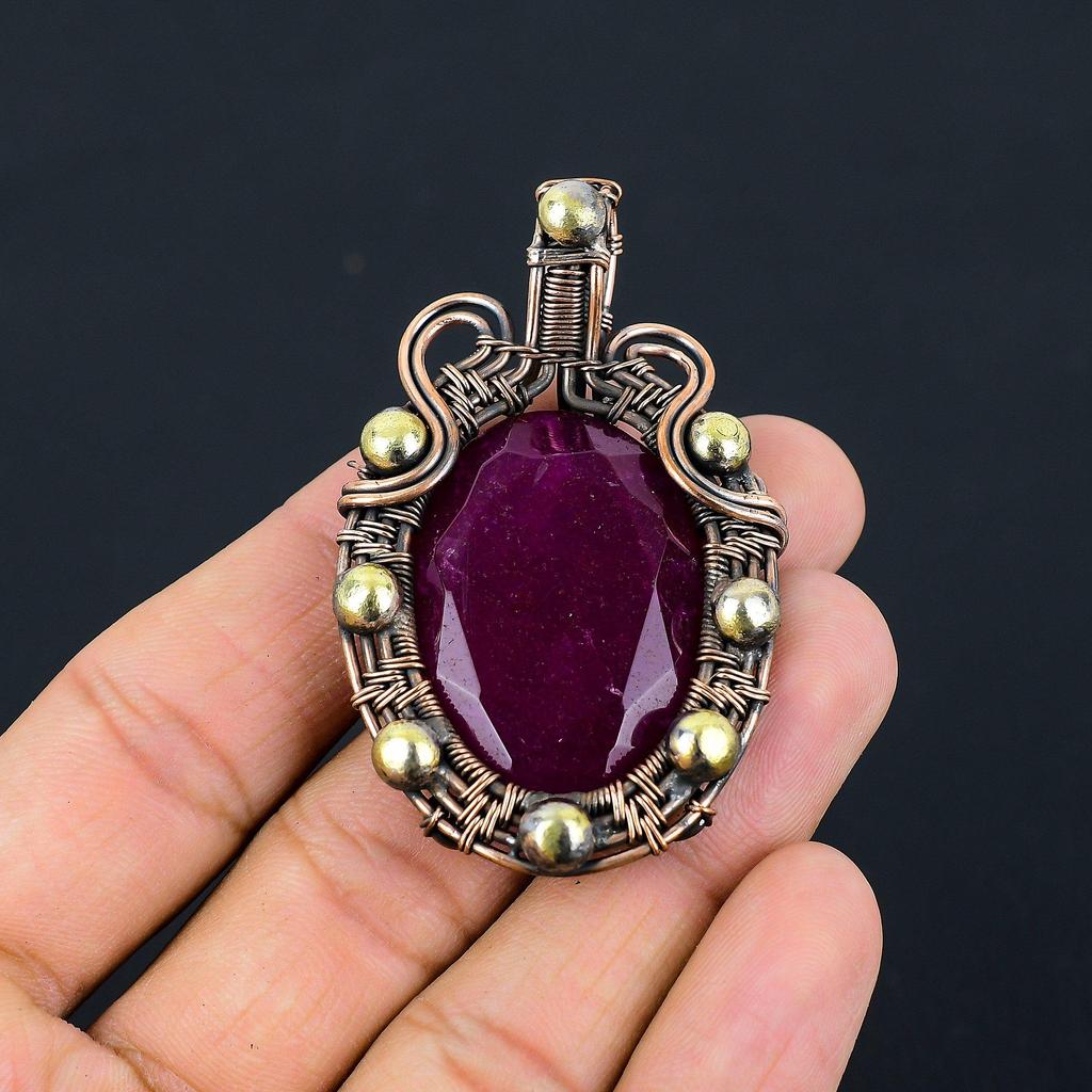 Lab-Created Ruby Gemstone Pure Copper Wire Wrapped Handmade Pendant Jewelry
