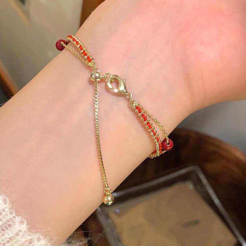 18k Gold Plated Zircon Double Layer Horse Bracelet - Chinese Retro Style with Woven Rope