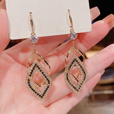 Yousheng 1 Pair Dangle Earrings Vintage Hollow Out Geometric Shiny Rhinestone Inlaid Dress Up Gifts Women Double Layer Rhombus Pendant Hook Earrings