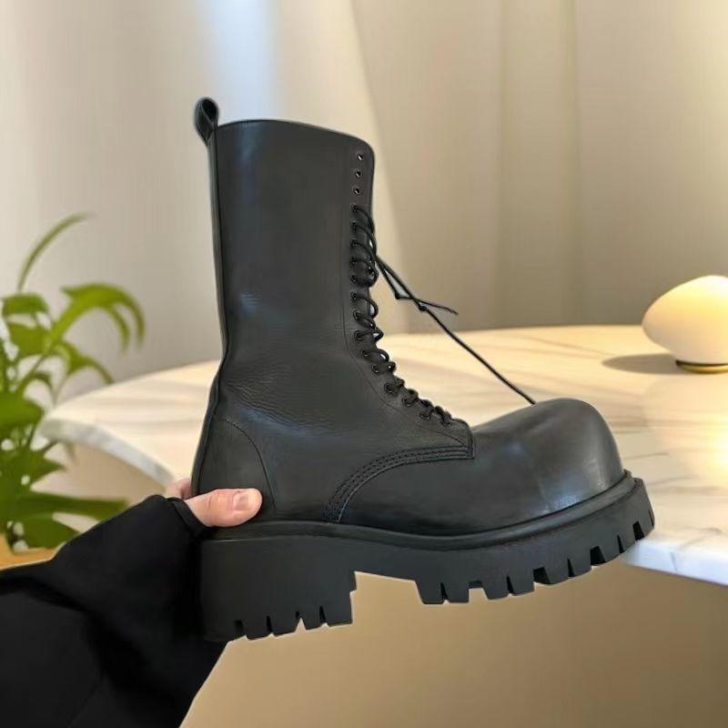 NEW Motorcycle Women's buckle Boots Winter Leather Shoes Black Botas Wedges Female Lace Up Platforms Women White Botas Mujer