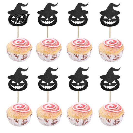 Halloween Cupcake Toppers 8 Pcs Toppers, Black Glitter Witch Hat Pumpkin Cake Topper Picks for Party Supplies, Birthday Decoration Dark