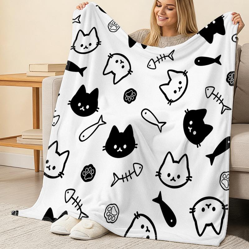 Cat Series Flannel Throw Blanket Soft Cozy, Machine Washable, Cute Cartoon Design, Warm for Home, Office Naps, Christmas & Halloween