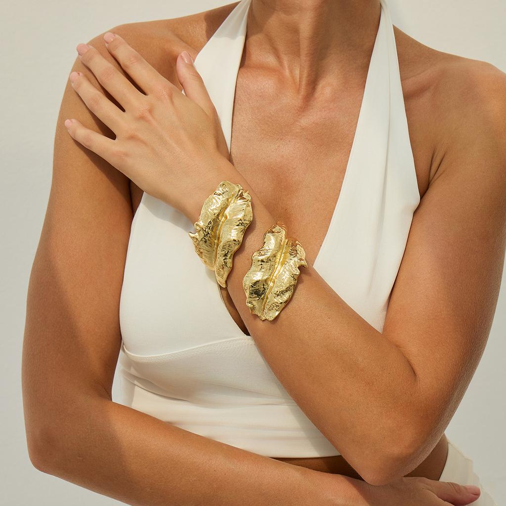 DIEZI Exaggerated  Gold Silver Color Metal Leaves Cuff Bangles for Women Men Punk Geometric Wrap Bangle Bracelet Party Jewelry
