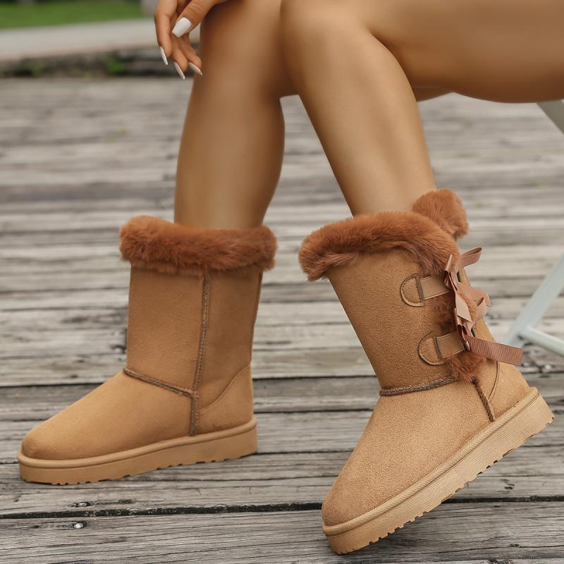 Fashion Sweet Bowknot Decoration Mid Calf Snow Boots Women 2025 Winter Round Toe Thick Bottom Fur Boots Warmshort Plush Non Slip Botas