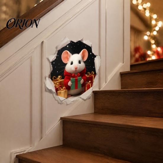 Removable Holiday Room Accents 3D Hole Illusion Christmas Mouse Wall Sticker, Peel And Stick Waterproof PVC Decals Decal for Window Glass, Festive
