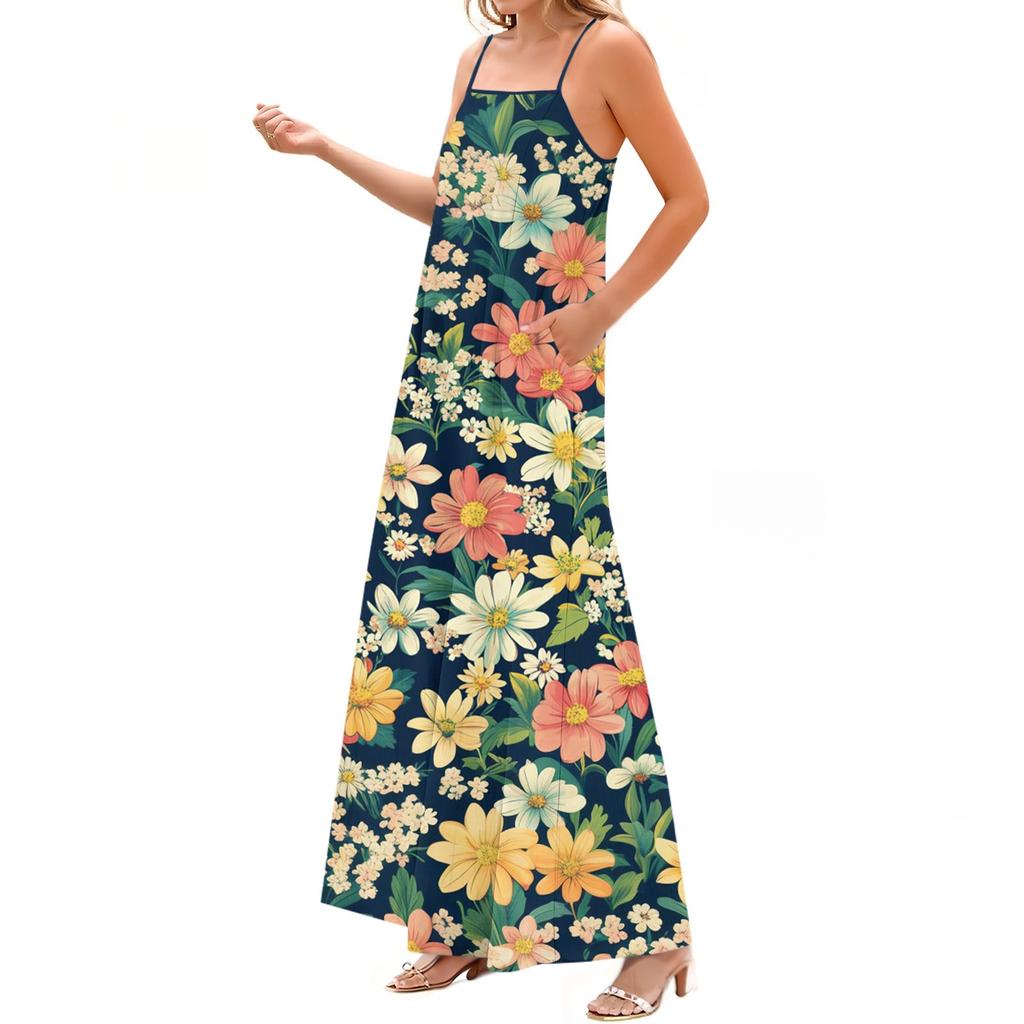 Women's Spring And Summer Casual Fashion Adjustable Suspenders Printed Long Dress