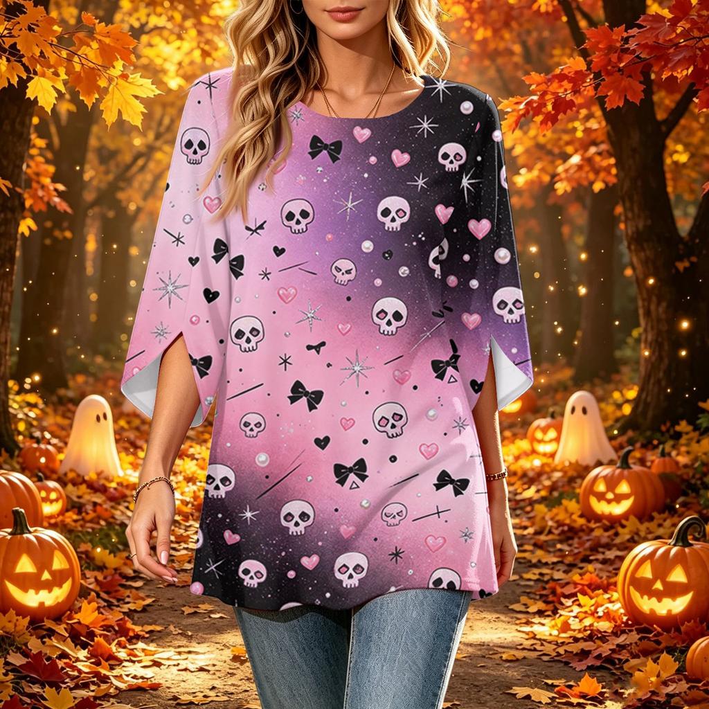 Women's Halloween Print Casual Loose Fit Three-Quarter Sleeve Round Neck Top